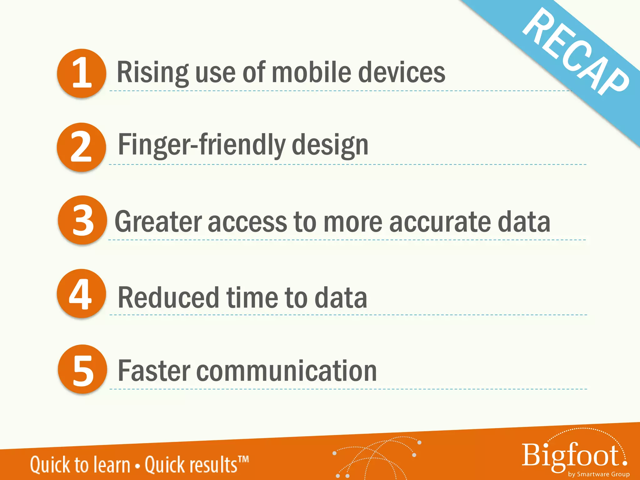 1
2
3
4
5
Rising use of mobile devices
Greater access to more accurate data
Reduced time to data
Faster communication
Finger-friendly design
 