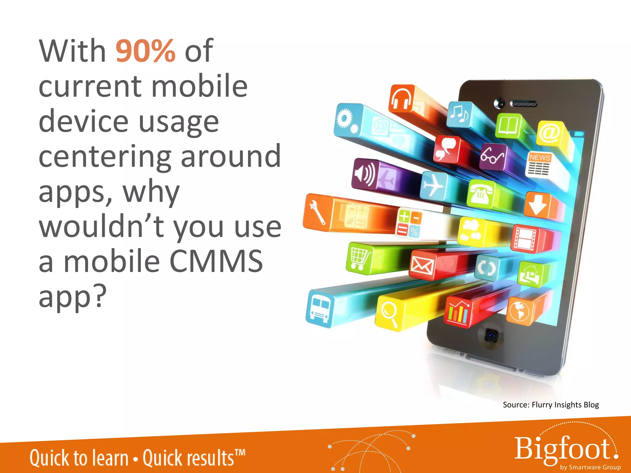With 90% of
current mobile
device usage
centering around
apps, why
wouldn’t you use
a mobile CMMS
app?
Source: Flurry Insights Blog
 