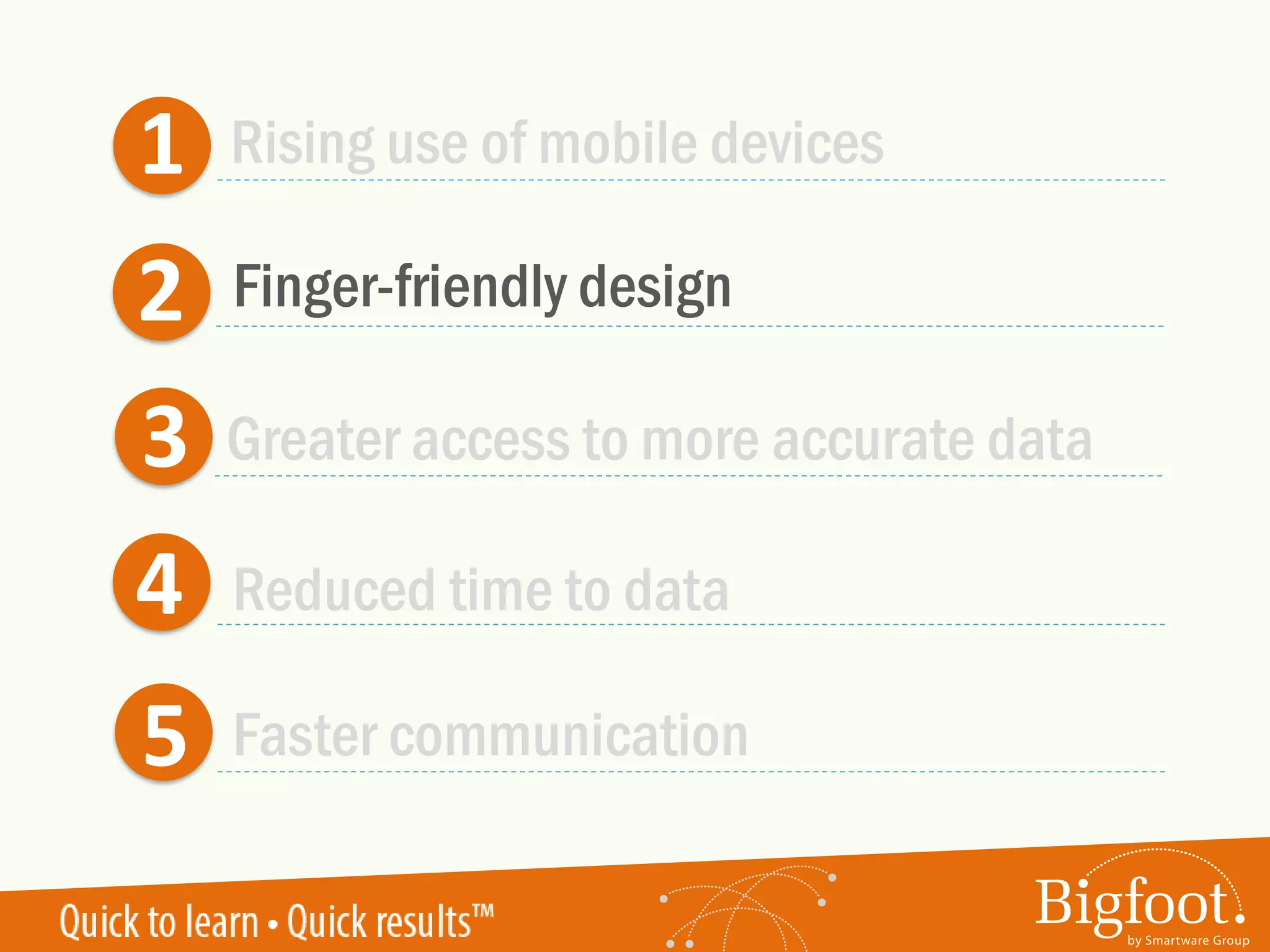 1
2
3
4
5
Rising use of mobile devices
Greater access to more accurate data
Reduced time to data
Faster communication
Finger-friendly design
 