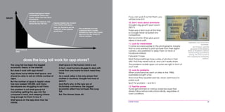 mobile mania 35
If you can work it out for them, you
will become rich.
10. Don’t worry about downturns
Google’s big growth spurt was in
2001-5.
There was a tech bust at the time,
so Google never acquired any
competitors.
Bad economic times give good
ideas a clear path.
11. Look for weaknesses
It came as a real surprise to the photographic industry
that no one wanted to print pictures from their digital
camera, and preferred to keep them on Flickr or
Facebook instead.
It shouldn’t have.
Most thirtysomethings have crates of photos in their
attic that they never look at, and can’t easily share.
The problems mobile apps can solve are right in front of
your nose.
12. Look for problems
When postal services went on strike in the 1980s,
businesses bought a fax.
And once they experienced fax, never went back to
postal mail.
Spot the problem – and fix it.
13. Feel the power
Trucks get jammed on narrow roads because their
drivers follow satnav instructions blindly, regardless of
road conditions.
Inspiration can come from
anywhere.
‘Isn’t it funny’ said the
governor of the Reserve
Bank of Zimbabwe ‘that by
implementing quantitative
easing, the whole world is
now copying my economic
policy?’
The Long Tail has been the biggest
economic theory of the internet.
But does it work with app stores?
App stores have infinite shelf space, and
should be able to sell an infinite number of
apps.
But the number of apps in Apple’s store
has now passed 100,000, and many
developers are struggling to sell theirs.
The problem is not shelf space but
marketing: getting the app into the
consumer’s mind, and keeping it there
long enough for them to buy it.
Shelf space on the app store may be
infinite.
does the long tail work for app stores?
Limited shelf space means
conventional ‘bricks and
mortar’ stores can only stock
hit products.
Wal-Mart, for instance, only
stocks the Top 100 CDs.
Shelf space in the human mind is not.
In fact, most humans struggle to deal with
more than one brand for each need they
have.
As a result, eBay is the only player that
matters in auctions; Google has most of
search.
And that’s why, in the new era of
frictionless commerce, the biggest
economic effect has not been the Long
Tail.
But ‘The Winner Takes All’.
Internet retailers like Amazon
have infinite shelf space.
They can therefore sell the
‘Long Tail’ of less popular,
niche items.
SALES
MOST POPULAR
ITEMS
The availability of niche,
unpopular items creates
demand for them: Afro-Cuban
jazz is on the rise, thanks to
internet retailers.
 