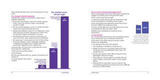 10 mobile mania 11
They will feel less like a tool, and more like part of your
brain.
The change is already happening
The shift from desktop computers to cellphones is
already happening:
•	 More and more tweets come from mobile devices.
If they had to go home to tweet, most people
wouldn’t bother.
•	 No one would organize a party on Facebook if they
could only check Facebook at home.
•	 People are starting to watch TV on cellphones - even
when they are at home. The phone is in their hand.
The remote is buried somewhere in the sofa.
•	 If indeed they still have a remote, as phones can
now control TVs, music systems and air conditioners.
•	 Ten years ago, most people did most of their writing
in word processors. Today, Japanese professors
complain that students now routinely write and
submit their dissertations from cellphones.
However they communicate, consumers do it more
and more from cellphones.
Cellphones have small screens.
And small keys.
But they are always with you, always connected, and
always on.
For most people, that is what
matters.
the mobile boom
will be huge
number of networked
computers at the
height of the internet
boom, 1999
200
million
1.2
billion
3.5
billion
number of
networked
computers
today
number of people
with cellphones
today
But isn’t social networking the bigger trend?
Many would argue that social networking has been the
biggest computing trend of the past few years.
And in many ways they are right.
It’s just that mobile devices are the things that make
social networking so compelling and so useful.
Social networking only exploded around the US and
Europe in 2006/7 as mobile got going.
In Korea, where telecoms are more advanced, social
networking was alive and well in 2002.
Mobility is the underlying force behind social
networking.
Is it just phones?
No. The broader trend is about any pocketable device
that’s always with you and always connected.
At the start of the 2010s, all sorts of small, mobile
devices are appearing:
•	 The Nintendo DS is now wifi-capable.
•	 The PlayStation Portable is connected too.
•	 Apple’s iPod Touch is a powerful wifi-connected
computer. The more expensive iPads have a 3G
connection too.
•	 The two kilo laptop of the 1990s has become the
lightweight netbook of today.
•	 That netbook’s typical eight-hour battery life and
built-in cellular connection make it a truly mobile
laptop.
•	 Meanwhile the rapid falls in prices continue. The
computing power that was state of the art in 2000 will
soon be in a $30 handset.
If voice and text were all
people wanted, cellphones
would be getting smaller.
But they have been getting
bigger ever since 2000. It’s
clear evidence that consumers
want more from their phone.
1998
2010
 