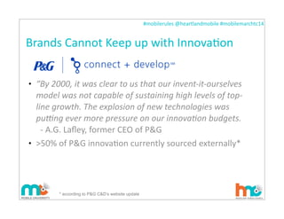 #mobilerules	
  @heartlandmobile	
  #mobilemarchtc14	
  
Brands	
  Cannot	
  Keep	
  up	
  with	
  InnovaIon
• “By	
  2000,	
  it	
  was	
  clear	
  to	
  us	
  that	
  our	
  invent-­‐it-­‐ourselves	
  
model	
  was	
  not	
  capable	
  of	
  sustaining	
  high	
  levels	
  of	
  top-­‐
line	
  growth.	
  The	
  explosion	
  of	
  new	
  technologies	
  was	
  
pu@ng	
  ever	
  more	
  pressure	
  on	
  our	
  innovaAon	
  budgets.
	
  	
  -­‐	
  A.G.	
  Laﬂey,	
  former	
  CEO	
  of	
  P&G
• >50%	
  of	
  P&G	
  innovaIon	
  currently	
  sourced	
  externally*
14
* according to P&G C&D’s website update
 