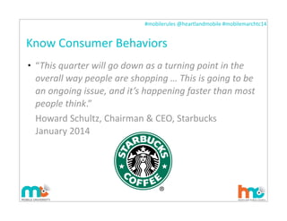 #mobilerules	
  @heartlandmobile	
  #mobilemarchtc14	
  
Know	
  Consumer	
  Behaviors
• “This	
  quarter	
  will	
  go	
  down	
  as	
  a	
  turning	
  point	
  in	
  the	
  
overall	
  way	
  people	
  are	
  shopping	
  …	
  This	
  is	
  going	
  to	
  be	
  
an	
  ongoing	
  issue,	
  and	
  it’s	
  happening	
  faster	
  than	
  most	
  
people	
  think.”
Howard	
  Schultz,	
  Chairman	
  &	
  CEO,	
  Starbucks
January	
  2014
21
 