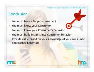 #mobilerules	
  @heartlandmobile	
  #mobilemarchtc14	
  
Conclusion
39
• You	
  must	
  have	
  a	
  Target	
  (consumer)
• You	
  must	
  know	
  your	
  Consumer
• You	
  must	
  know	
  your	
  Consumer’s	
  Behavior
• You	
  must	
  build	
  Insights	
  into	
  Consumer	
  Behavior
• Provide	
  value	
  based	
  on	
  your	
  knowledge	
  of	
  your	
  consumer	
  
and	
  his/her	
  behaviors
 