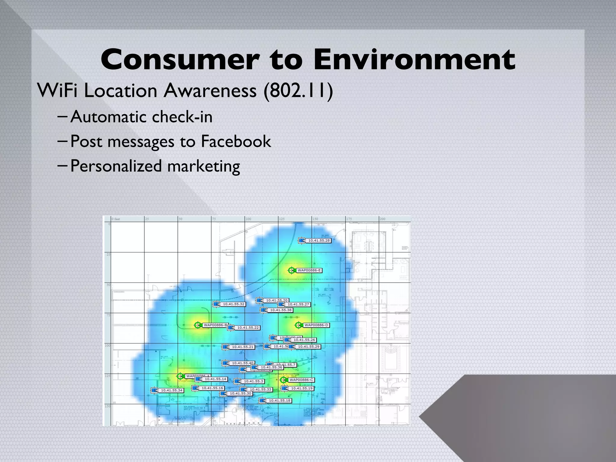 Consumer to Environment
WiFi Location Awareness (802.11)
  – Automatic check-in
  – Post messages to Facebook
  – Personalized marketing




                                   18
 