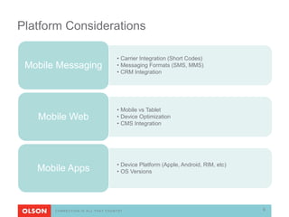 Platform Considerations

                                  • Carrier Integration (Short Codes)
 Mobile Messaging                 • Messaging Formats (SMS, MMS)
                                  • CRM Integration




                                  • Mobile vs Tablet
   Mobile Web                     • Device Optimization
                                  • CMS Integration




                                  • Device Platform (Apple, Android, RIM, etc)
   Mobile Apps                    • OS Versions




       CONNECTION IS ALL THAT COUNTS®                                            5
 