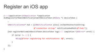 (void)application:(UIApplication *)application
didRegisterForRemoteNotificationsWithDeviceToken:(NSData *) deviceToken {
…
SBNotificationHub* hub = [[SBNotificationHub alloc] initWithConnectionString:
@"<connection string>" notificationHubPath:@“<hub>"];
[hub registerNativeWithDeviceToken:deviceToken tags:nil completion:^(NSError* error) {
if (error != nil) {
NSLog(@"Error registering for notifications: %@", error);
}
}];
}
 