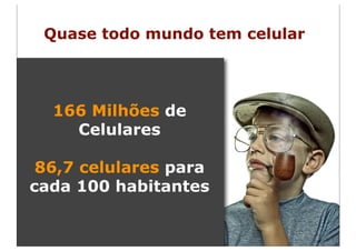 Quase todo mundo tem celular




  166 Milhões de
    Celulares

 86,7 celulares para
cada 100 habitantes
 