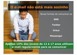 O e-mail não está mais sozinho
                                                Novas formas de comunicar-se

                                                                        SMS

                                                                       Twitter

                                                                        Orkut

                                                                      Messenger


Apenas 14% dos jovens de 12 à 17 anos utilizam
    e-mail regularmente para se comunicar

                 © Guerreiro Consult. Todos os direitos reservados.
 