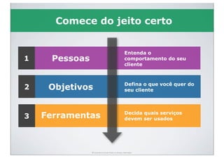 Comece do jeito certo


                                                       Entenda o
1    Pessoas                                           comportamento do seu
                                                       cliente



                                                       Defina o que você quer do
2    Objetivos                                         seu cliente




3   Ferramentas                                        Decida quais serviços
                                                       devem ser usados




               © Guerreiro Consult. Todos os direitos reservados.
 