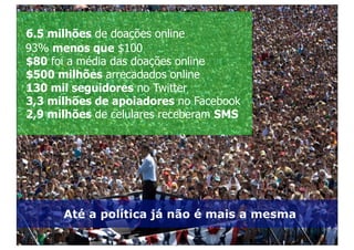 6.5 milhões de doações online
93% menos que $100
$80 foi a média das doações online
$500 milhões arrecadados online
130 mil seguidores no Twitter
3,3 milhões de apoiadores no Facebook
2,9 milhões de celulares receberam SMS




      Até a política já não é mais a mesma

                     © Guerreiro Consult. Todos os direitos reservados.
 