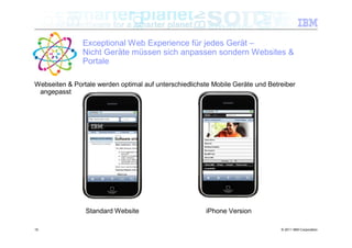 Exceptional Web Experience für jedes Gerät –
               Nicht Geräte müssen sich anpassen sondern Websites &
               Portale

Webseiten & Portale werden optimal auf unterschiedlichste Mobile Geräte und Betreiber
 angepasst




                Standard Website                       iPhone Version

15                                                                              © 2011 IBM Corporation
 