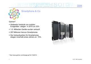 Smartphone & Co



Gartner*:
 Weltweite Verkäufe von mobilen
  Endgeräten stiegen in 2010 um 32%
 1.6 Milliarden Geräte wurden verkauft
 297 Millionen hiervon Smartphones
 Die Verkaufszahlen für Smartphones
  stiegen innerhalb eines Jahres um 72%




* http://www.gartner.com/it/page.jsp?id=1543014


7                                                 © 2011 IBM Corporation
 