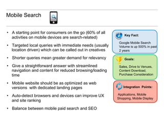 Mobile Search


•  A starting point for consumers on the go (60% of all
                                                               Key Fact:
   activities on mobile devices are search-related)
                                                            Google Mobile Search
•  Targeted local queries with immediate needs (usually     Volume is up 500% in past
   location driven) which can be called out in creatives    2 years

•  Shorter queries mean greater demand for relevancy           Goals:

•  Give a straightforward answer with streamlined           Sales, Drive to Venues,
   navigation and content for reduced browsing/loading      Content Download,
   time                                                     Purchase Consideration

•  Mobile website should be as optimized as web
   versions with dedicated landing pages                       Integration Points:

•  Auto-detect browsers and devices can improve UX         Applications, Mobile
                                                           Shopping, Mobile Display
   and site ranking
•  Balance between mobile paid search and SEO
 