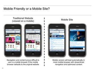 Mobile Friendly or a Mobile Site?

              Traditional Website
                                                              Mobile Site
             (viewed on a mobile)




       Navigation and content prove difficult to   Mobile version will load automatically in
        use in a mobile browser if the mobile      most mobile browser with streamlined
       browser defaults to the original website      navigation and optimized content
24
 