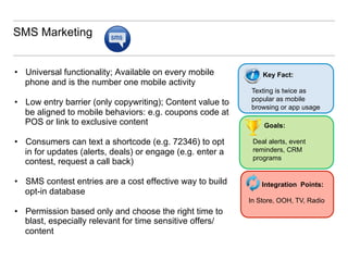 SMS Marketing


•  Universal functionality; Available on every mobile           Key Fact:
   phone and is the number one mobile activity
                                                            Texting is twice as
                                                            popular as mobile
•  Low entry barrier (only copywriting); Content value to
                                                            browsing or app usage
   be aligned to mobile behaviors: e.g. coupons code at
   POS or link to exclusive content                             Goals:

•  Consumers can text a shortcode (e.g. 72346) to opt        Deal alerts, event
   in for updates (alerts, deals) or engage (e.g. enter a    reminders, CRM
                                                             programs
   contest, request a call back)

•  SMS contest entries are a cost effective way to build        Integration Points:
   opt-in database
                                                            In Store, OOH, TV, Radio
•  Permission based only and choose the right time to
   blast, especially relevant for time sensitive offers/
   content
 