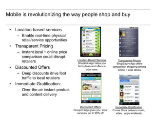 Mobile is revolutionizing the way people shop and buy

 •  Location based services
     –  Enable real-time physical
        retail/service opportunities
 •  Transparent Pricing
     –  Instant local + online price
        comparison could disrupt
                                          Location-Based Services
        retailers                         Shopkick App helps you
                                                                          Transparent Pricing
                                                                         ShopSavvy App offers
                                          finds deals and offers in
 •  Discounted Offers                            your area
                                                                      comparison shopping among
                                                                          online + local stores
     –  Deep discounts drive foot
        traffic to local retailers
 •  Immediate Gratification:
     –  Over-the-air instant product
        and content delivery


                                            Discounted Offers            Immediate Gratification
                                       Groupon App gives you local    iTunes Store delivers music,
                                          services up to 90% off         video , apps wirelessly
 