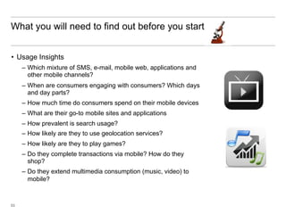 What you will need to find out before you start


•  Usage Insights
     –  Which mixture of SMS, e-mail, mobile web, applications and
        other mobile channels?
     –  When are consumers engaging with consumers? Which days
        and day parts?
     –  How much time do consumers spend on their mobile devices
     –  What are their go-to mobile sites and applications
     –  How prevalent is search usage?
     –  How likely are they to use geolocation services?
     –  How likely are they to play games?
     –  Do they complete transactions via mobile? How do they
        shop?
     –  Do they extend multimedia consumption (music, video) to
        mobile?



53
 