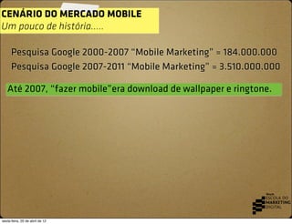 CENÁRIO DO MERCADO MOBILE
Um pouco de história.....

      Pesquisa Google 2000-2007 “Mobile Marketing” = 184.000.000
    ...