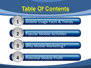 1   Mobile Usage Facts & Trends


2   Popular Mobile Activities


3   Why Mobile Marketing?


4   Potential Mobile Profit
    Boosters
 