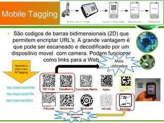Mobile Tagging

 • São codigos de barras bidimensionais (2D) que
   permitem encriptar URL's. A grande vantagem é
    que pode ser escaneado e decodificado por um
   dispositivo movel com camera. Podem funcionar
                como links para a Web      Mais
       Aprenda a                           utilizados
       criar o seu
       M Tagging




 http://migre.me/b4YNB

 http://migre.me/b4YMs

 http://migre.me/b4YLV




                         Dá para incluir
                            imagem
 