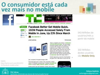O consumidor está cada
vez mais no mobile


                                                                    543 Milhões de
                                                                    usuários/mês a
                                                                    partir do mobile



                                                                    102 Milhões
                                                                    destes usuários
                                                                    são Mobile Only

FONTE:
http://techcrunch.com/2012/07/
31/facebook-mobile-only/


                                                                              Poliana Godinho
            Seminário ministrado aos alunos de Comunicação Social    polianagpires@gmail.com
 