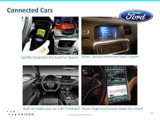 Proprietary	
  &	
  Conﬁden&al	
  
39	
  
Connected	
  Cars	
  
Spo&fy	
  integrated	
  into	
  Ford	
  Car	
  System	
   Volvo	
  -­‐	
  Sensus	
  connected	
  touch	
  system	
  
Audi	
  can	
  make	
  your	
  car	
  a	
  Wi-­‐Fi	
  hotspot	
   Tesla’s	
  huge	
  touchscreen	
  wows	
  the	
  crowd	
  
 