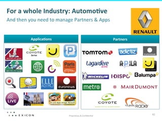 Proprietary	
  &	
  Conﬁden&al	
  
42	
  
For	
  a	
  whole	
  Industry:	
  AutomoFve	
  
And	
  then	
  you	
  need	
  to	
  manage	
  Partners	
  &	
  Apps	
  
ApplicaFons	
   Partners	
  
 