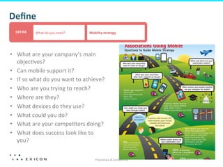 Proprietary	
  &	
  Conﬁden&al	
  
49	
  
Deﬁne	
  
•  What	
  are	
  your	
  company’s	
  main	
  
objec&ves?	
  	
  
•  Can	
  mobile	
  support	
  it?	
  	
  
•  If	
  so	
  what	
  do	
  you	
  want	
  to	
  achieve?	
  	
  
•  Who	
  are	
  you	
  trying	
  to	
  reach?	
  	
  
•  Where	
  are	
  they?	
  	
  
•  What	
  devices	
  do	
  they	
  use?	
  	
  
•  What	
  could	
  you	
  do?	
  	
  
•  What	
  are	
  your	
  compe&tors	
  doing?	
  	
  
•  What	
  does	
  success	
  look	
  like	
  to	
  
you?	
  	
  
What	
  do	
  you	
  need?	
   Mobility	
  strategy	
  DEFINE	
  
 