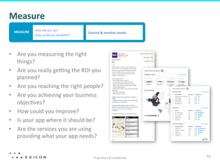 Proprietary	
  &	
  Conﬁden&al	
  
52	
  
Measure	
  
•  Are	
  you	
  measuring	
  the	
  right	
  
things?	
  	
  
•  Are	
  you	
  really	
  getng	
  the	
  ROI	
  you	
  
planned?	
  	
  
•  Are	
  you	
  reaching	
  the	
  right	
  people?	
  	
  
•  Are	
  you	
  achieving	
  your	
  business	
  
objec&ves?	
  	
  
•  How	
  could	
  you	
  improve?	
  	
  
•  Is	
  your	
  app	
  where	
  it	
  should	
  be?	
  
•  Are	
  the	
  services	
  you	
  are	
  using	
  
providing	
  what	
  your	
  app	
  needs?	
  
	
  	
  
How	
  did	
  you	
  do?	
  
How	
  could	
  you	
  do	
  beBer?	
  
Control	
  &	
  monitor	
  assets	
  MEASURE	
  
 