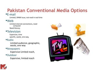 Pakistan Conventional Media Options
E-mail
   Limited, SPAM issue, not read in real time
Web
   Limited internet connections, need
       computer
   Need literacy
Television
   Expensive, time
   specific, waste, one way,
Radio
   Limited audience, geographic,
   waste, one way
Newpapers
   Expensive Limited reach,
Outdoor
   Expensive, limited reach
 