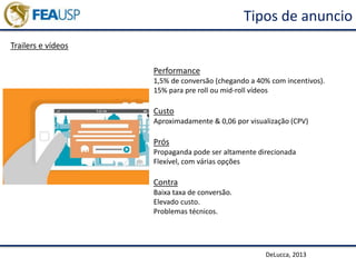 Tipos de anuncio
Trailers e vídeos
DeLucca, 2013
Performance
1,5% de conversão (chegando a 40% com incentivos).
15% para pre roll ou mid-roll vídeos
Custo
Aproximadamente & 0,06 por visualização (CPV)
Prós
Propaganda pode ser altamente direcionada
Flexível, com várias opções
Contra
Baixa taxa de conversão.
Elevado custo.
Problemas técnicos.
 