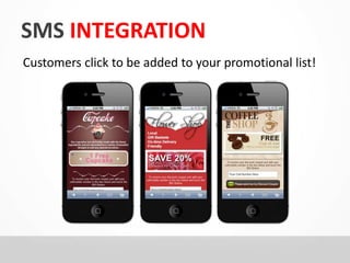 SMS INTEGRATION 
Customers click to be added to your promotional list! 
 