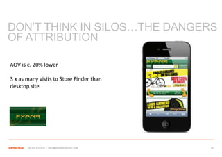 DON’T THINK IN SILOS…THE DANGERS
OF ATTRIBUTION

AOV is c. 20% lower

3 x as many visits to Store Finder than
desktop site




       +44 207 612 1910 / INFO@SPONGEGROUP.COM   24
 