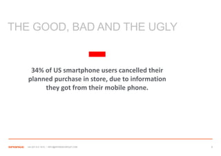 THE GOOD, BAD AND THE UGLY


    34% of US smartphone users cancelled their
   planned purchase in store, due to information
        they got from their mobile phone.




   +44 207 612 1910 / INFO@SPONGEGROUP.COM         8
 