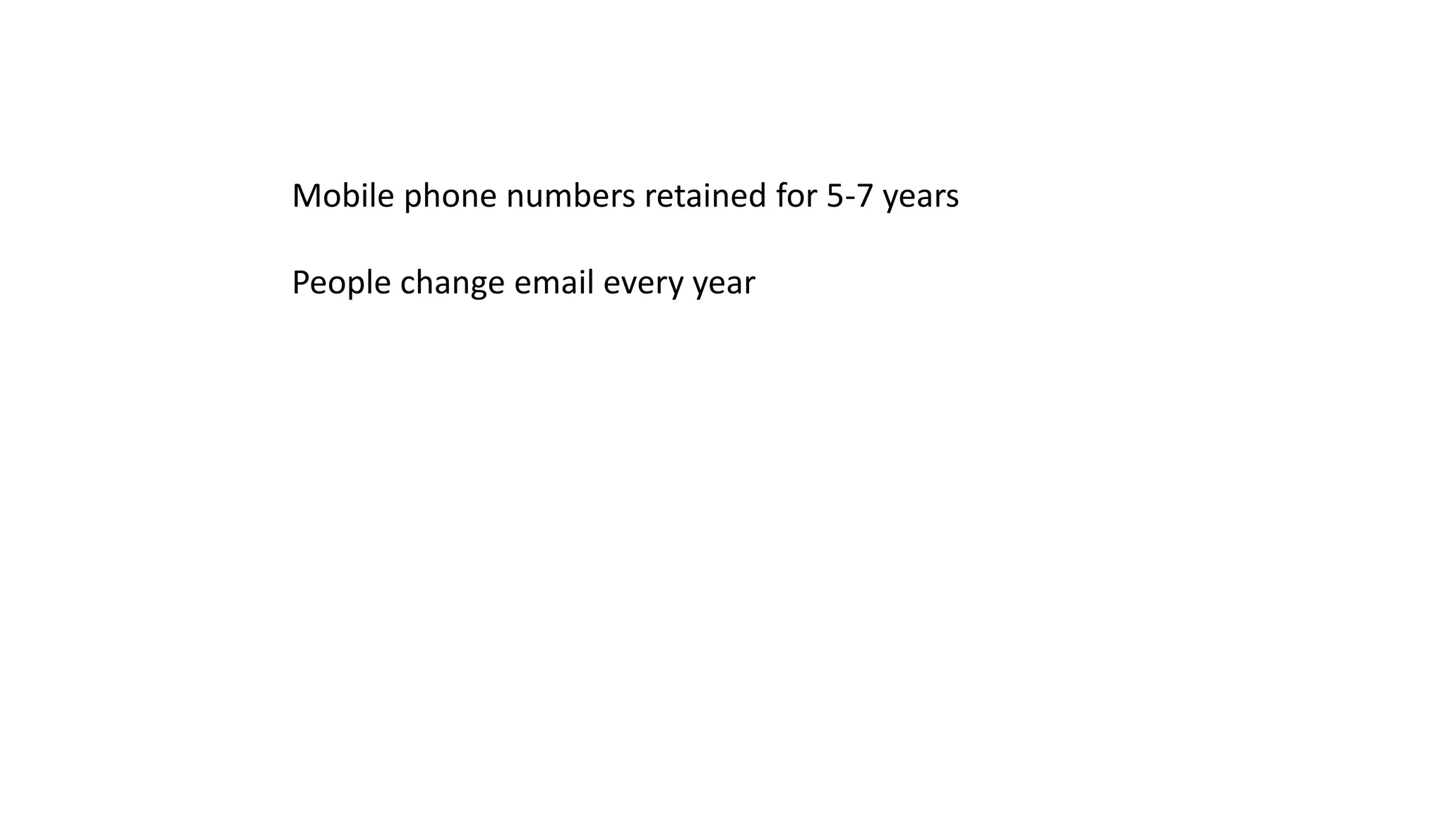 Mobile phone numbers retained for 5-7 years

People change email every year
 