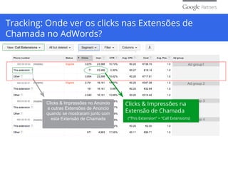 Ad group1
Ad group 2
Ad group 3
Ad group 4
900 00 00 00
900 00 00 01
900 00 00 02
900 00 00 03
Clicks & Impressões na
Extensão de Chamada
(“This Extension” = “Call Extensions)
Clicks & Impressões no Anúncio
e outras Extensões de Anúncio
quando se mostraram junto com
esta Extensão de Chamada
Tracking: Onde ver os clicks nas Extensões de
Chamada no AdWords?
 