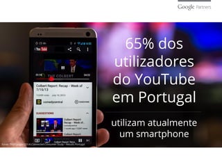 65% dos
utilizadores
do YouTube
em Portugal
utilizam atualmente
um smartphone
Fonte: TNS/Google (2014) Connected Consumer Study – Results Portugal
 