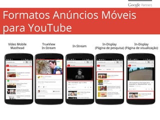 Formatos Anúncios Móveis
para YouTube
Vídeo Mobile
Masthead
TrueView
In-Stream
In-Stream
In-Display
(Página de pesquisa)
In-Display
(Página de visualização)
Click to Download Mobile Annotations
(expanded)
 