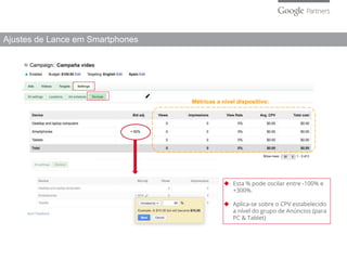 Métricas a nivel dispositivo:
Ajustes de Lance em Smartphones
◆ Esta % pode oscilar entre -100% e
+300%.
◆ Aplica-se sobre o CPV estabelecido
a nível do grupo de Anúncios (para
PC & Tablet)
 