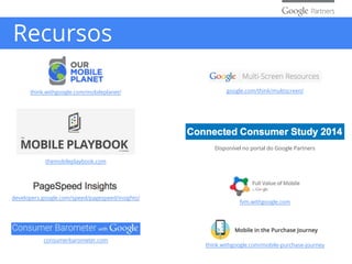 Recursos
think.withgoogle.com/mobileplanet/ google.com/think/multiscreen/
themobileplaybook.com
developers.google.com/speed/pagespeed/insights/
Disponível no portal do Google Partners
fvm.withgoogle.com
consumerbarometer.com
think.withgoogle.com/mobile-purchase-journey
 