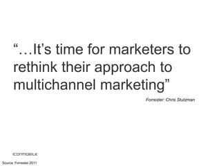 “…It’s time for marketers to
       rethink their approach to
       multichannel marketing”
                           Forrester: Chris Stutzman




Source: Forrester 2011
 