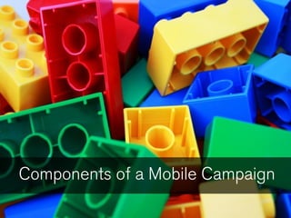 Components to a
Mobile Marketing Plan


• Target audience
• Offerings
• Quantified Objectives
• Resources
• Communication Efforts
• Delivery Channels
Components of a Mobile Campaign
 