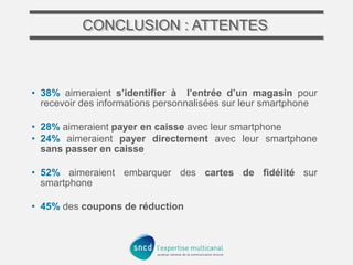 CONCLUSION : ATTENTES
CONCLUSION

• 38% aimeraient s’identifier à l’entrée d’un magasin pour
recevoir des informations personnalisées sur leur smartphone

• 28% aimeraient payer en caisse avec leur smartphone
• 24% aimeraient payer directement avec leur smartphone
sans passer en caisse
• 52% aimeraient embarquer des cartes de fidélité sur
smartphone
• 45% des coupons de réduction

 