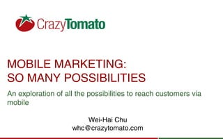 MOBILE MARKETING:
SO MANY POSSIBILITIES
An exploration of all the possibilities to reach customers via
mobile
Wei-Hai Chu
whc@crazytomato.com
 