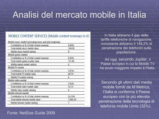 Analisi del mercato mobile in Italia In Italia abbiamo il gap delle tariffe telefoniche di navigazione, nonostante abbiamo...
