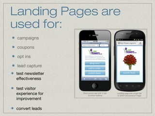 Landing Pages are
used for:
campaigns
coupons
opt ins
lead capture
test newsletter
effectiveness
test visitor
experience f...