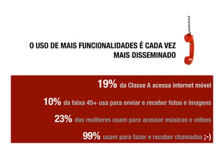 O USO DE MAIS FUNCIONALIDADES É CADA VEZ
                       MAIS DISSEMINADO


                     19% da Classe A acessa internet móvel
   10% da faixa 45+ usa para enviar e receber fotos e imagens
      23% das mulheres usam para acessar músicas e vídeos
                99% usam para fazer e receber chamadas ;-)
 