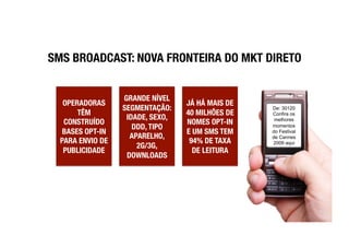 SMS BROADCAST: NOVA FRONTEIRA DO MKT DIRETO


                  GRANDE NÍVEL
   OPERADORAS                     JÁ HÁ MAIS DE
                  SEGMENTAÇÃO:
                   De: 30120
       TÊM                        40 MILHÕES DE   Confira os
                   IDADE, SEXO,
   CONSTRUÍDO                     NOMES OPT-IN     melhores
                     DDD, TIPO                    momentos
   BASES OPT-IN                   E UM SMS TEM    do Festival
                    APARELHO, !                   de Cannes
  PARA ENVIO DE                    94% DE TAXA    2009 aqui
                      2G/3G,
   PUBLICIDADE
                     DE LEITURA
                   DOWNLOADS
 