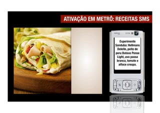 ATIVAÇÃO EM METRÔ: RECEITAS SMS


                     Experimente
                  Sanduba: Hellmans
                   Deleite, peito de
                  peru Batavo Pense
                   Light, uva passa
                   branca, tomate e
                    alface crespa.
 